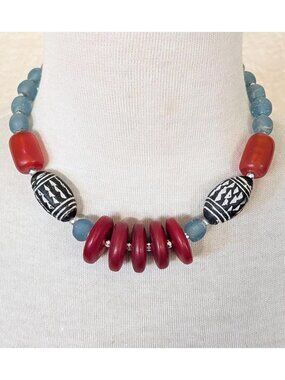 Boho Sky Blue & Red Recycled Glass & Resin Tribal Statement Necklace
